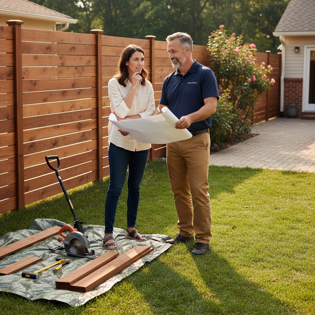 A homeowner and a contractor standing in a backyard next to a new wooden privacy fence.