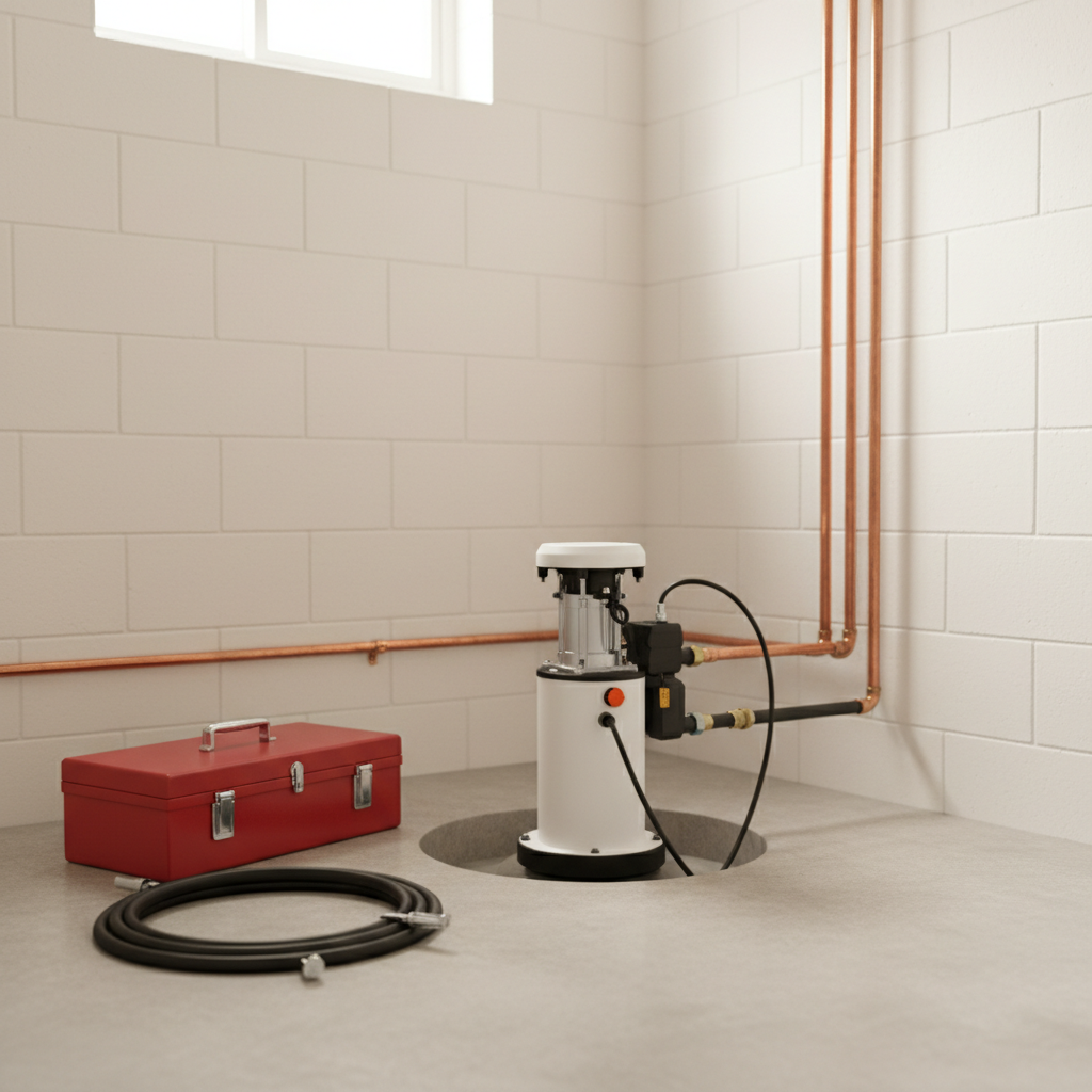 A new sump pump installed in the clean, dry corner of a home's basement.