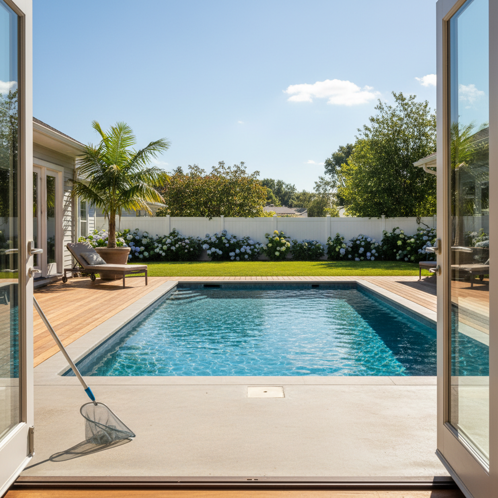 A clean backyard swimming pool on a sunny day, with a pool cleaning net leaning against the patio.