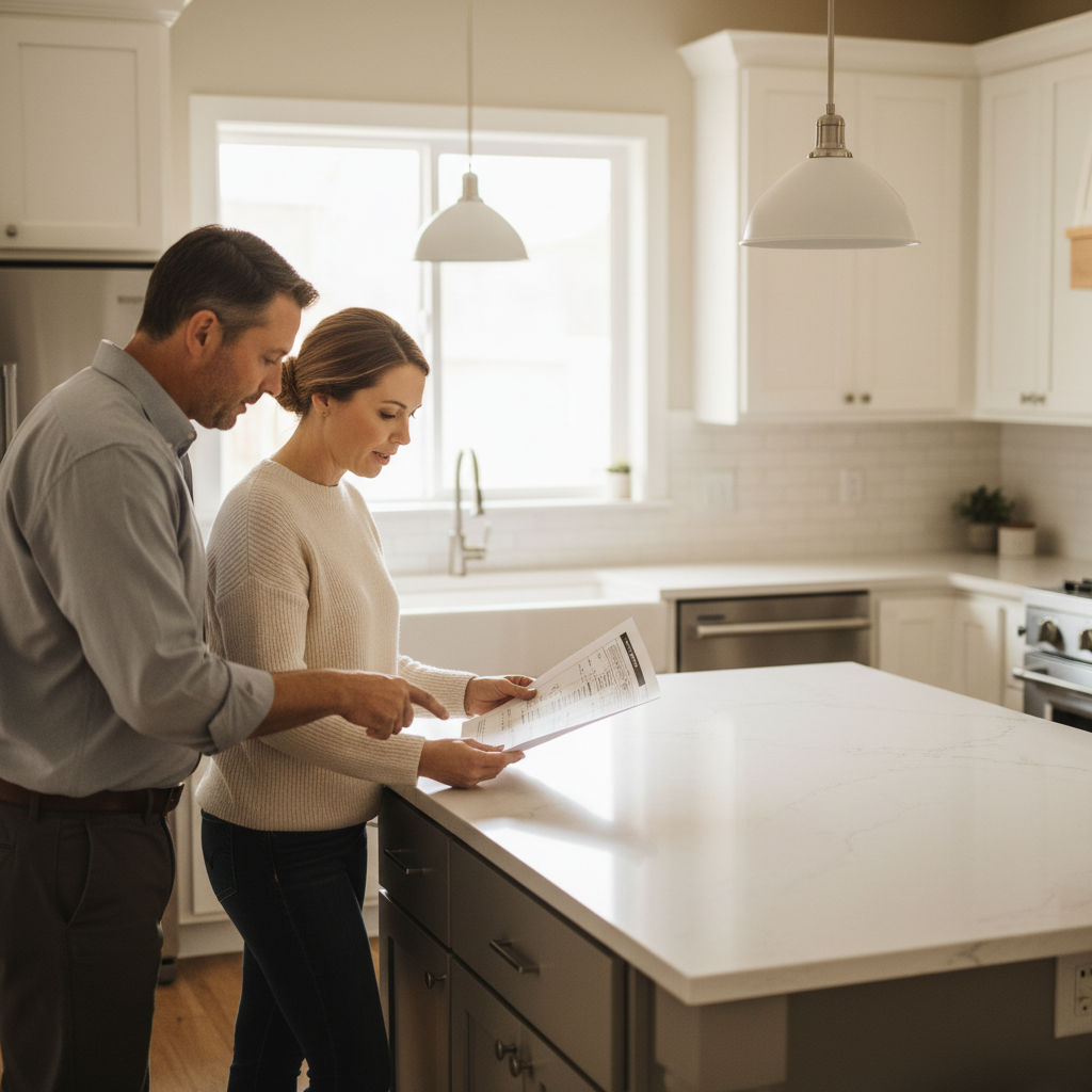 A homeowner and a contractor reviewing a detailed project estimate at a kitchen island.