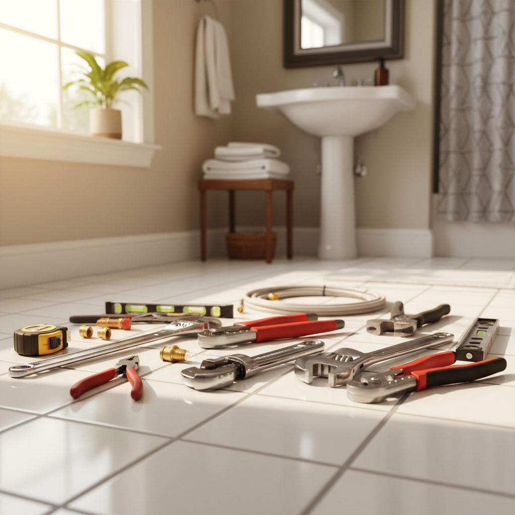 A plumber's professional tools laid out neatly on a clean bathroom tile floor, ready for a home repair project.
