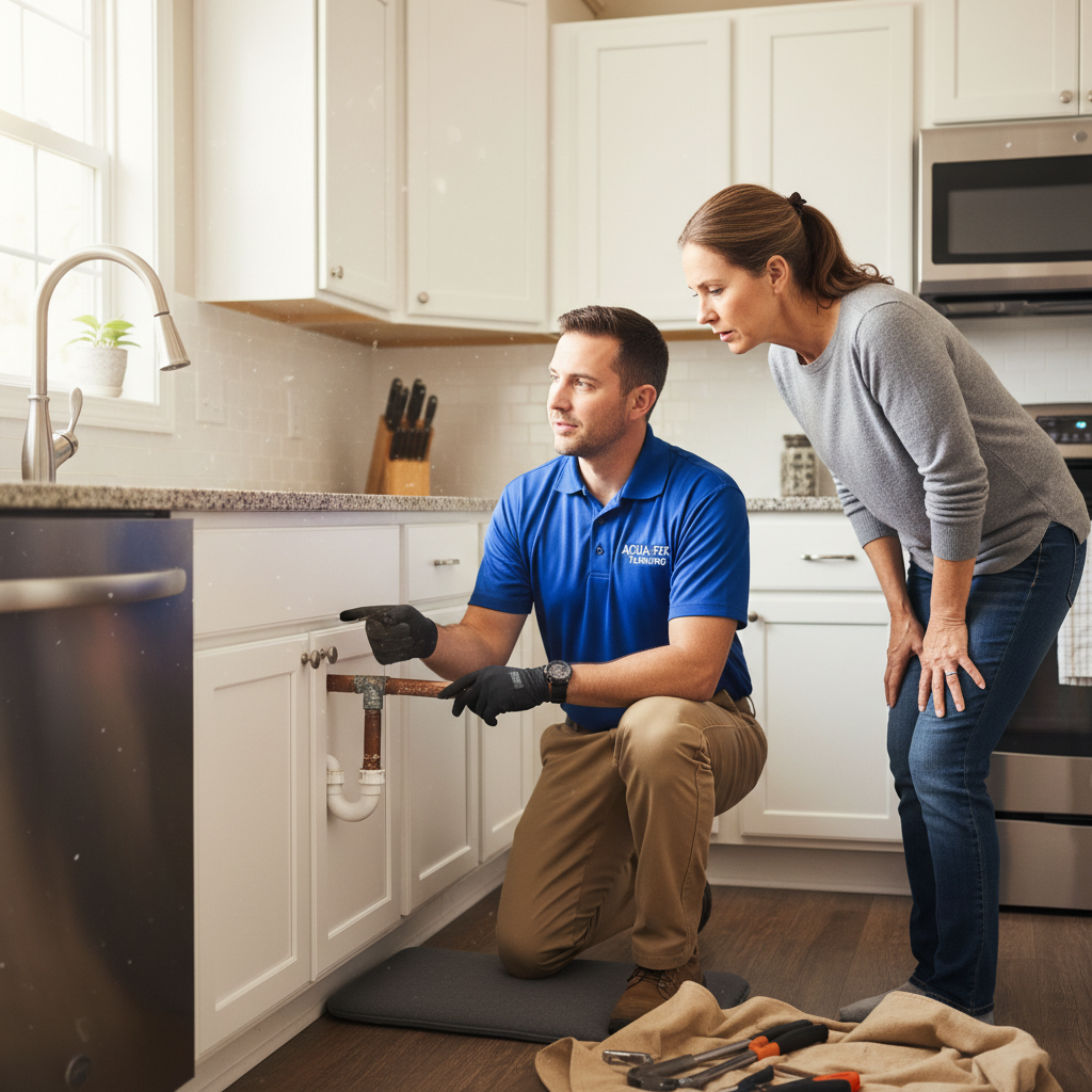 A plumber and homeowner inspect copper pipes under a kitchen sink.