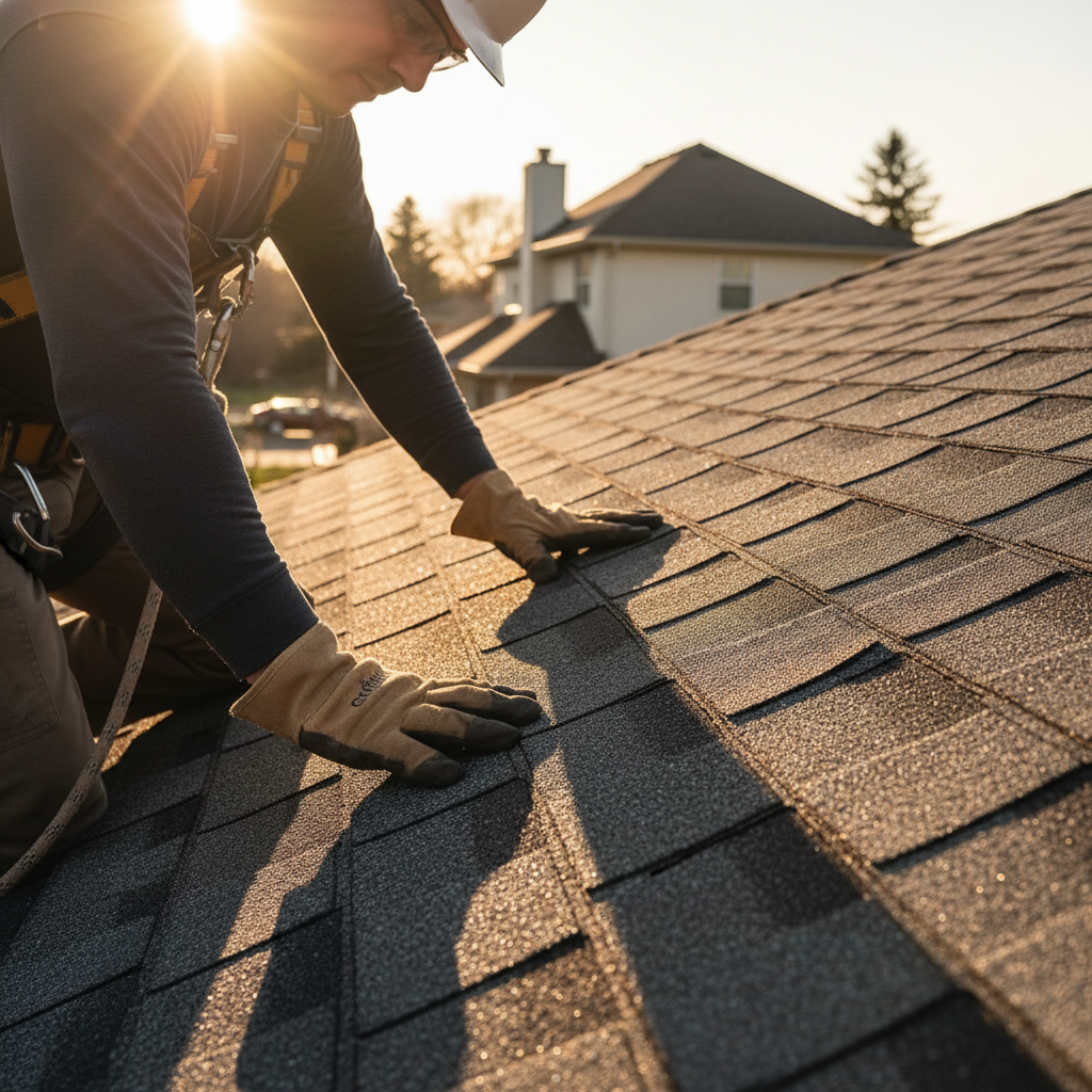 A professional roofer kneels on a residential roof, closely examining the asphalt shingles during an inspection.