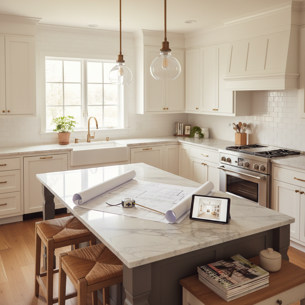A set of architectural blueprints for a kitchen remodel spread out on a clean marble kitchen island.