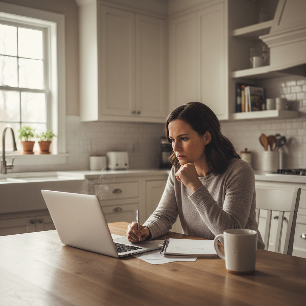 A homeowner sits at their kitchen table, researching contractors on a laptop for a home project.