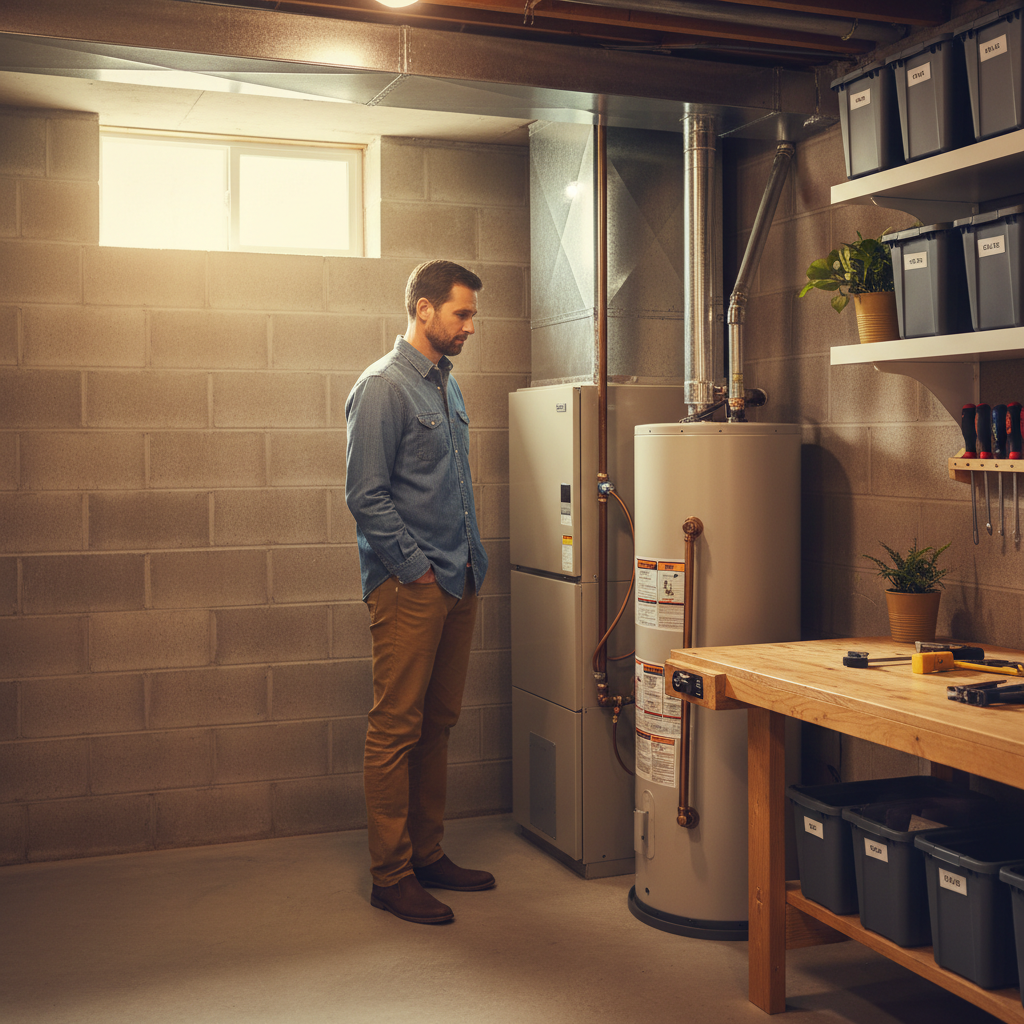 A homeowner inspects their furnace and HVAC system in a clean, organized basement.