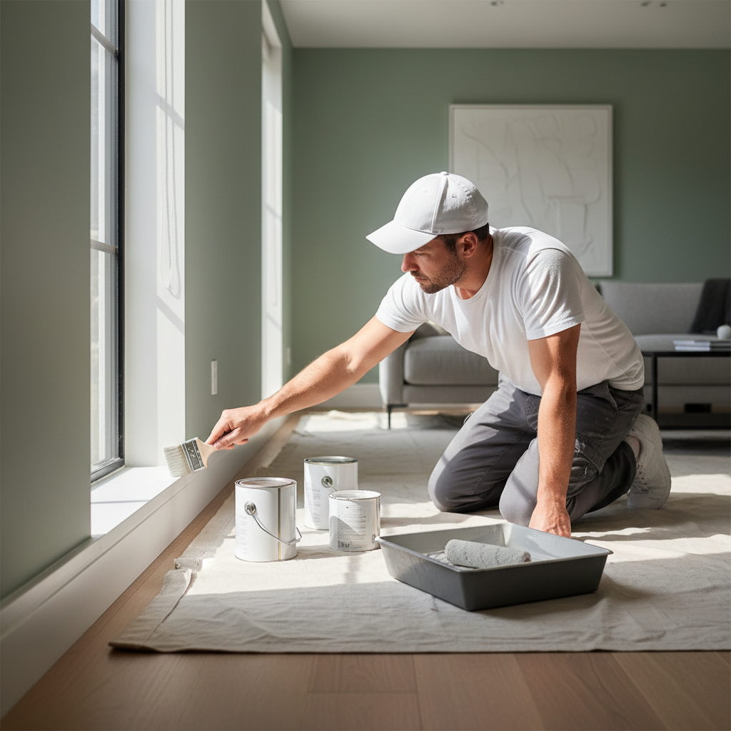 A painter's hand holding a brush, carefully painting the edge of a sage green wall next to white window trim.