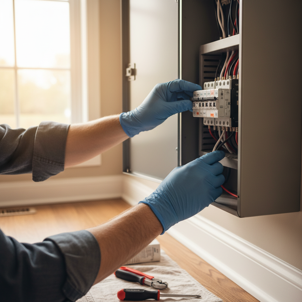A licensed electrician carefully works on a home's electrical breaker box.