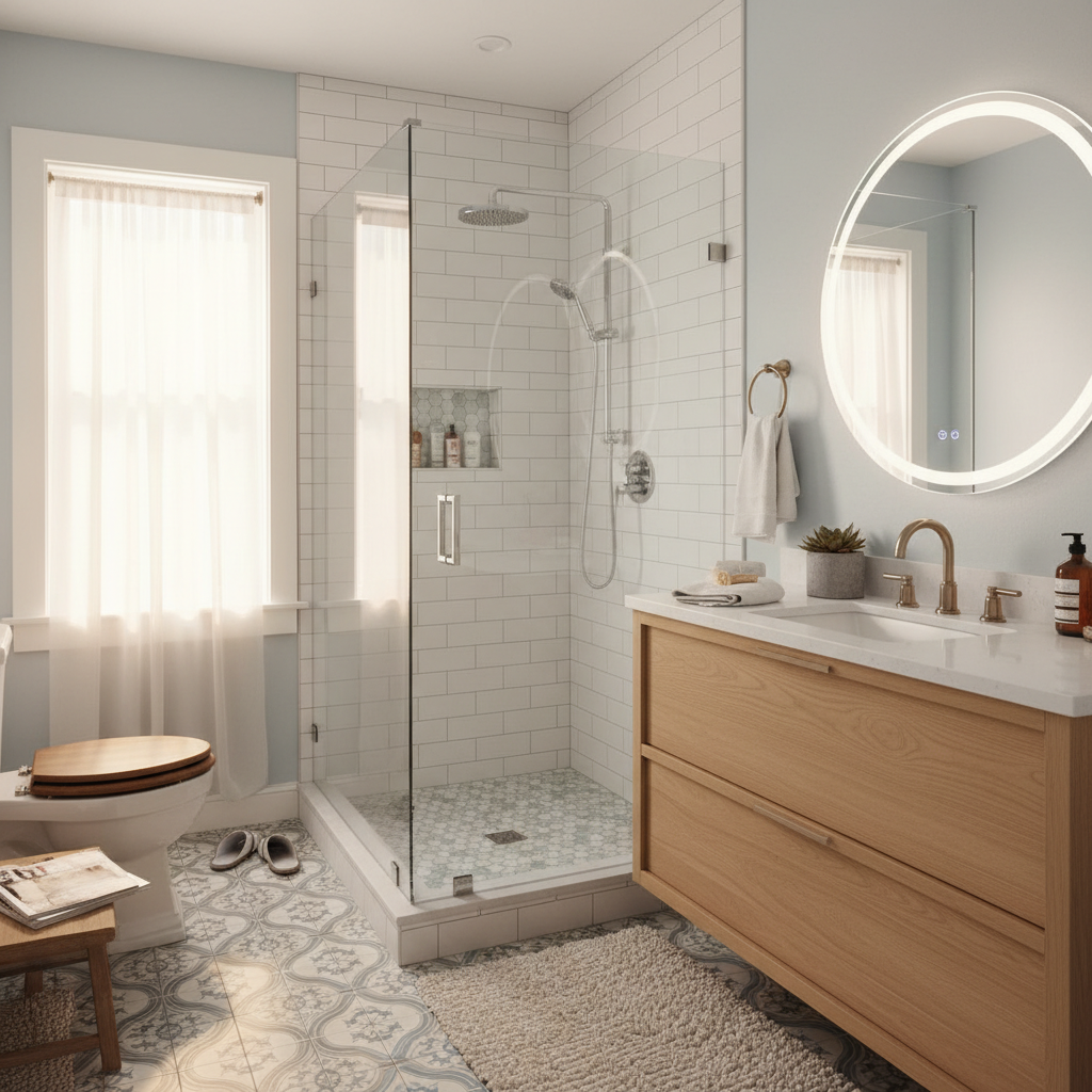 A brightly lit, newly remodeled bathroom with a walk-in shower, wood vanity, and natural light from a window.