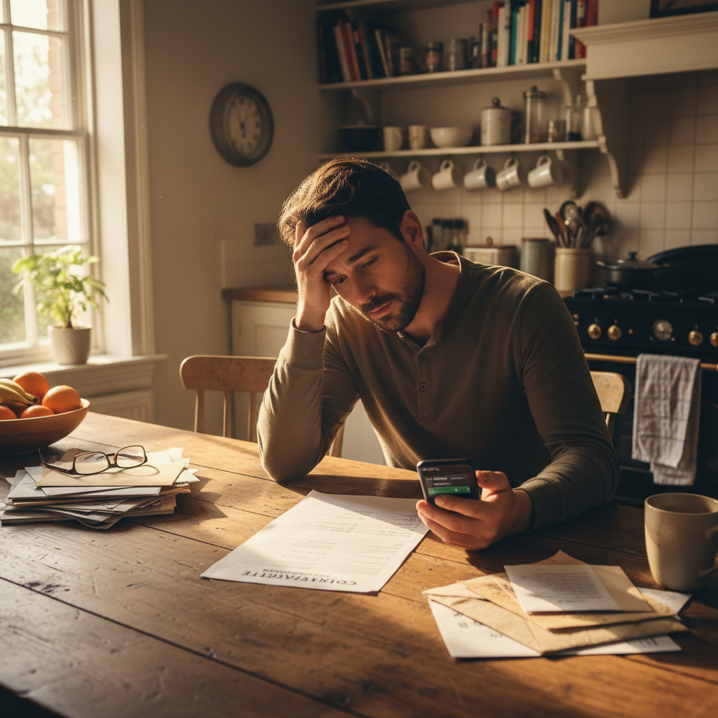 A worried homeowner reviews a home improvement contract at their kitchen table, phone in hand.
