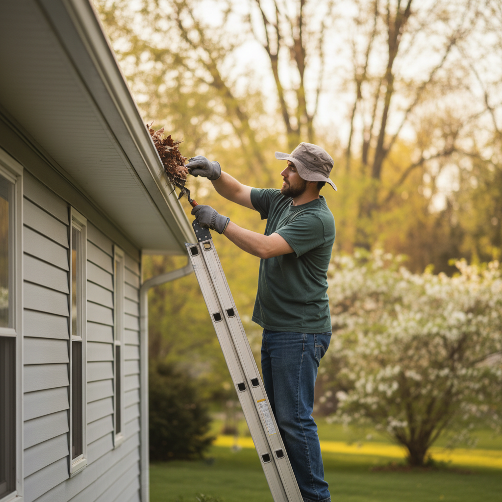 A homeowner cleaning leaves from their house's gutters on a sunny spring day.