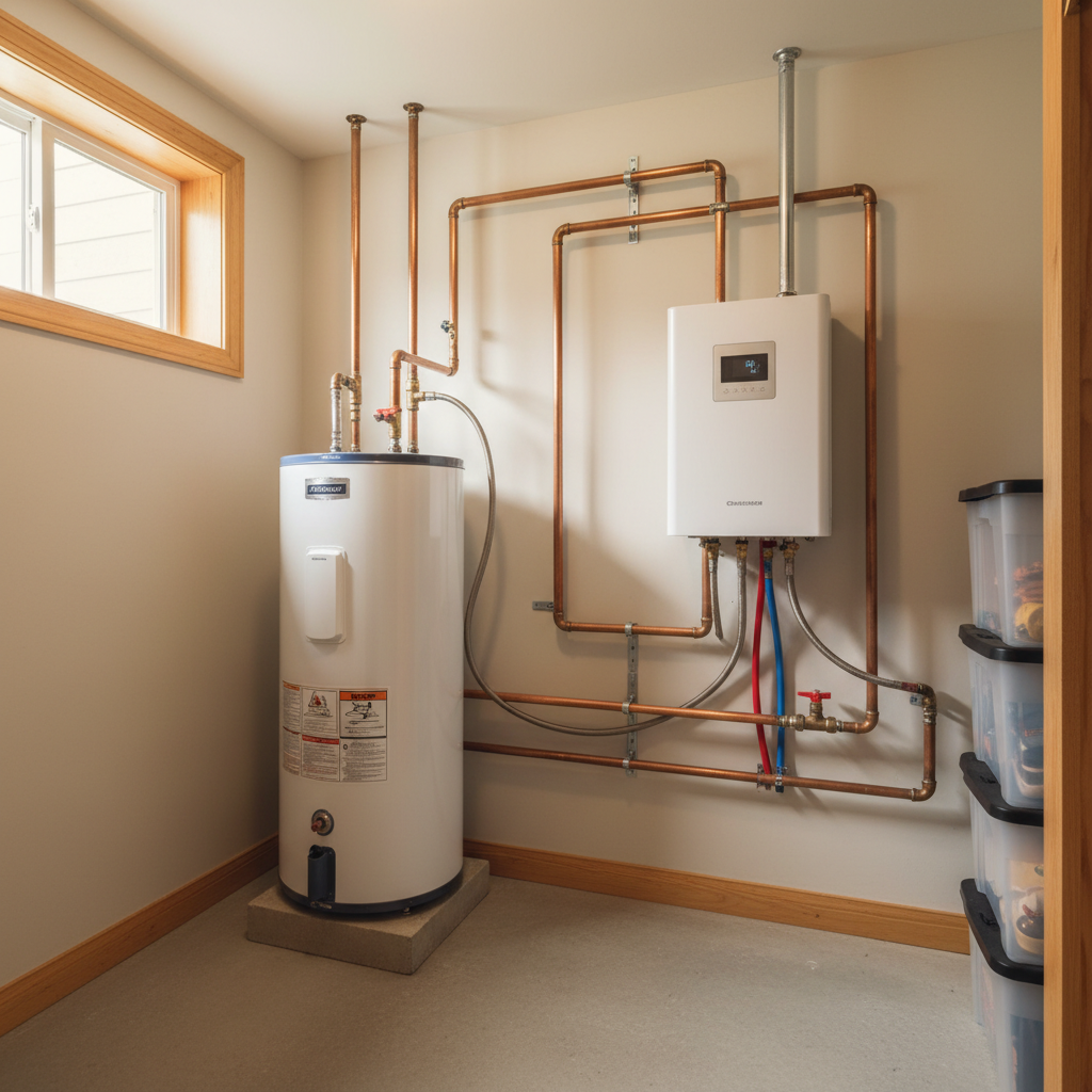 A traditional tank water heater and a modern tankless water heater installed next to each other in a clean utility room.
