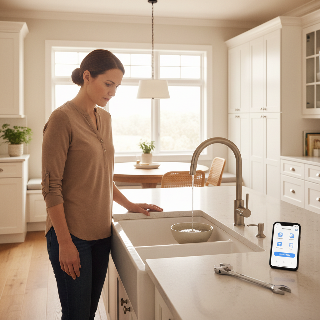 A homeowner considers whether to fix a leaky kitchen faucet themselves or hire a professional plumber.