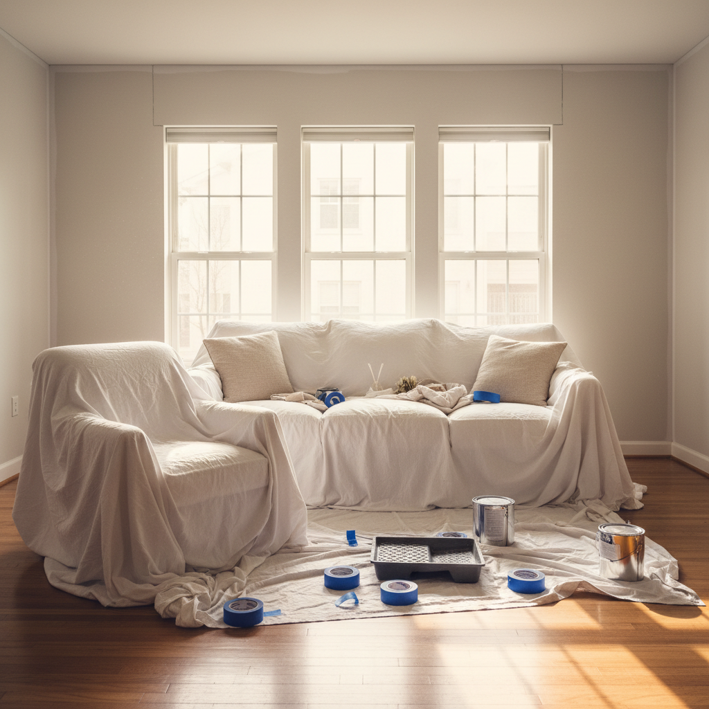A living room prepped for professional painting, with furniture covered in the center and tools ready.