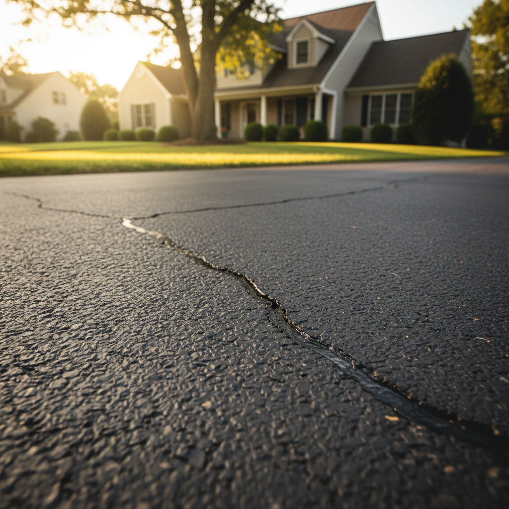 A homeowner's view of a recently repaired asphalt driveway, showing the difference between sealed cracks and the original surface.