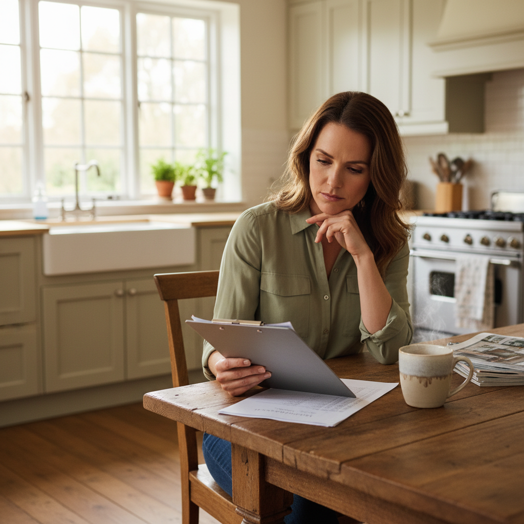 A person reviews a home renovation quote at their kitchen table, a pen in hand, considering the details of the project.