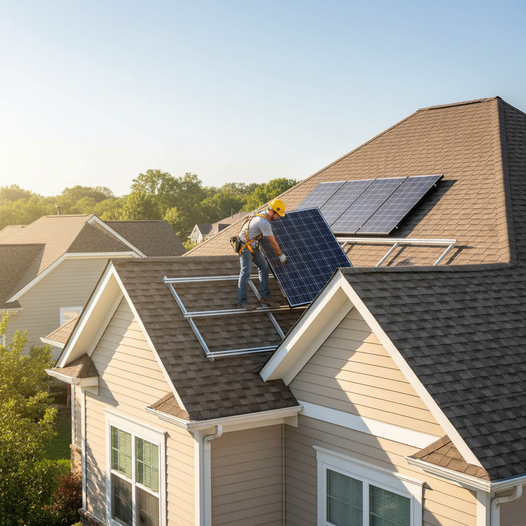 A professional solar installer secures a solar panel to the roof of a residential home on a clear, sunny day.