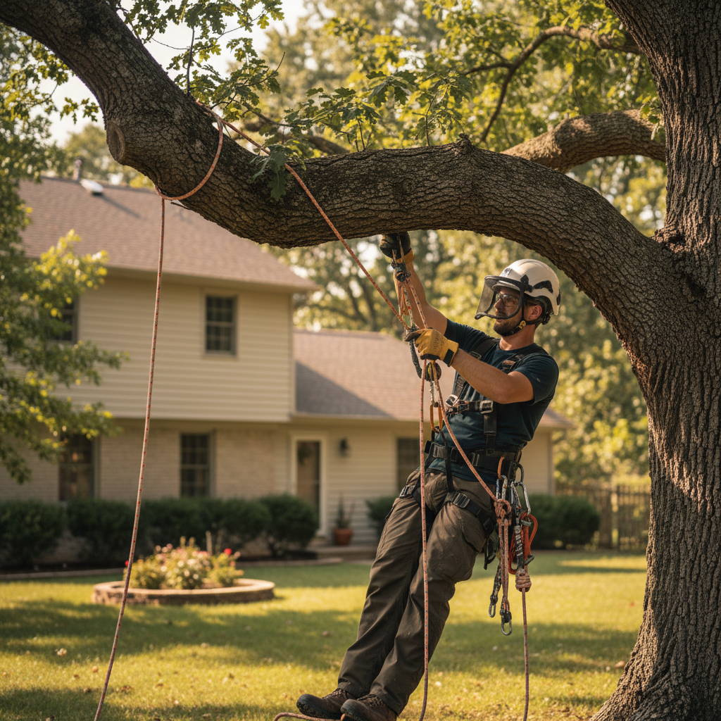 A professional arborist with safety gear working on a large tree in the backyard of a home.