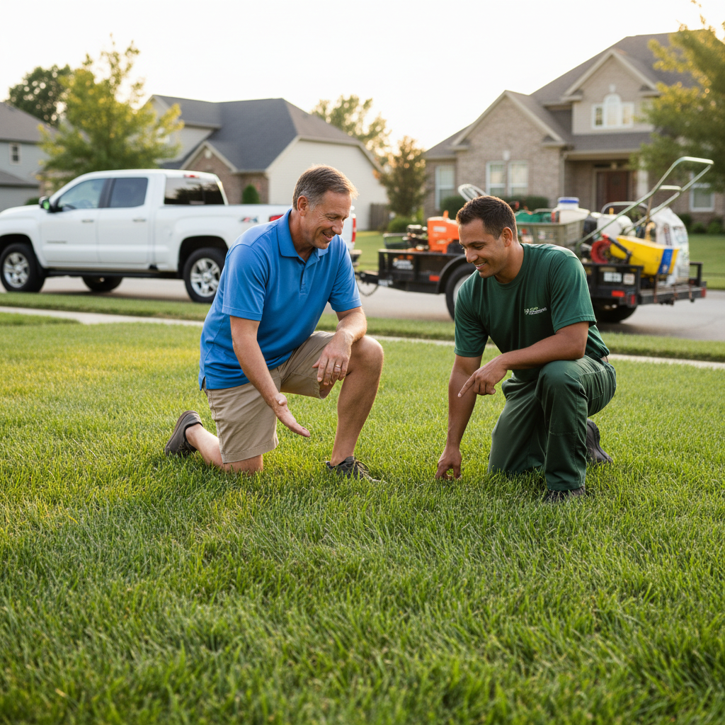 A homeowner discussing lawn care with a professional technician on a healthy, green residential lawn.