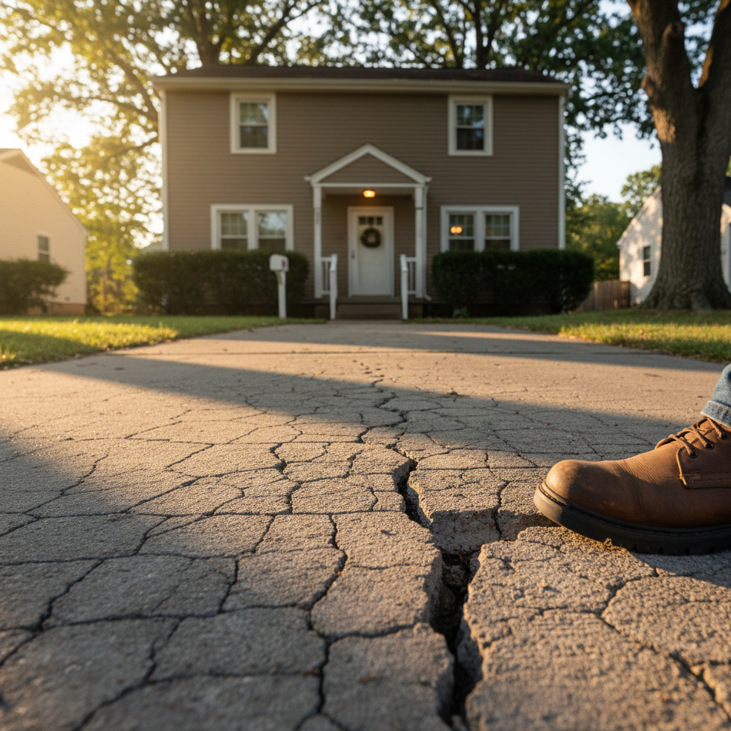 A close-up of a cracked concrete driveway with a person's boot nearby, deciding on the repair.