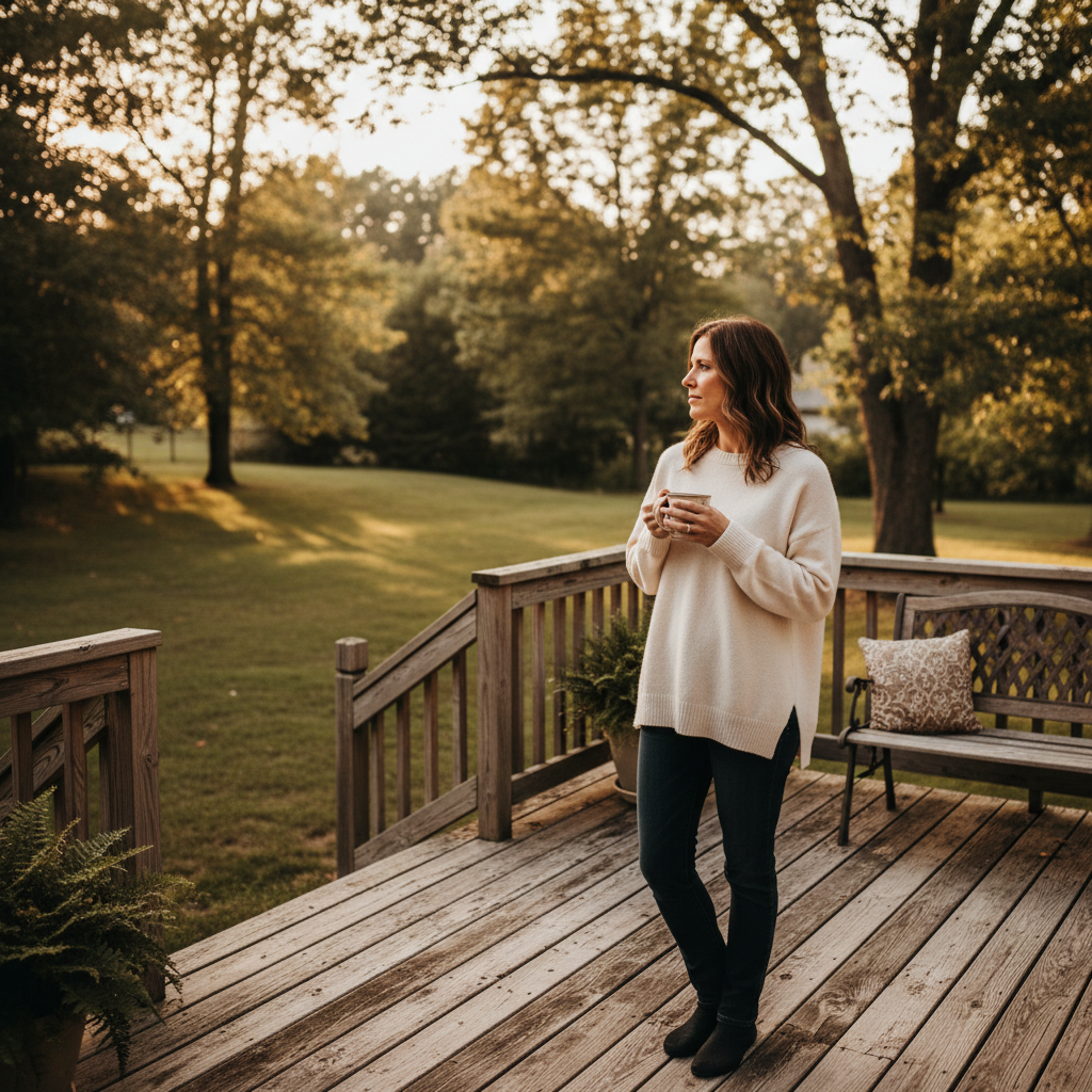 A homeowner stands on their weathered wood deck, deciding whether to repair or rebuild it.