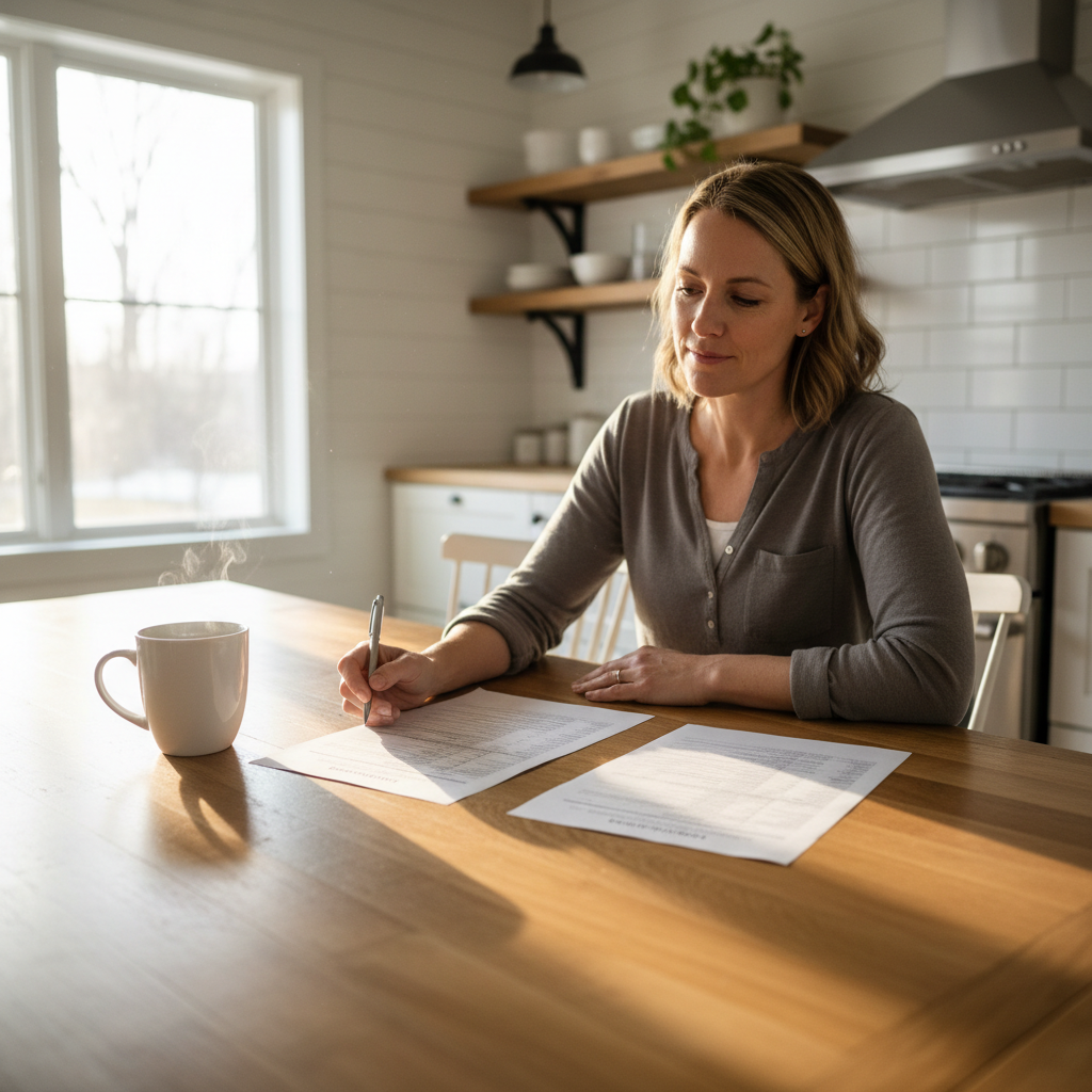 A homeowner sitting at a table carefully reviewing several contractor quote documents.