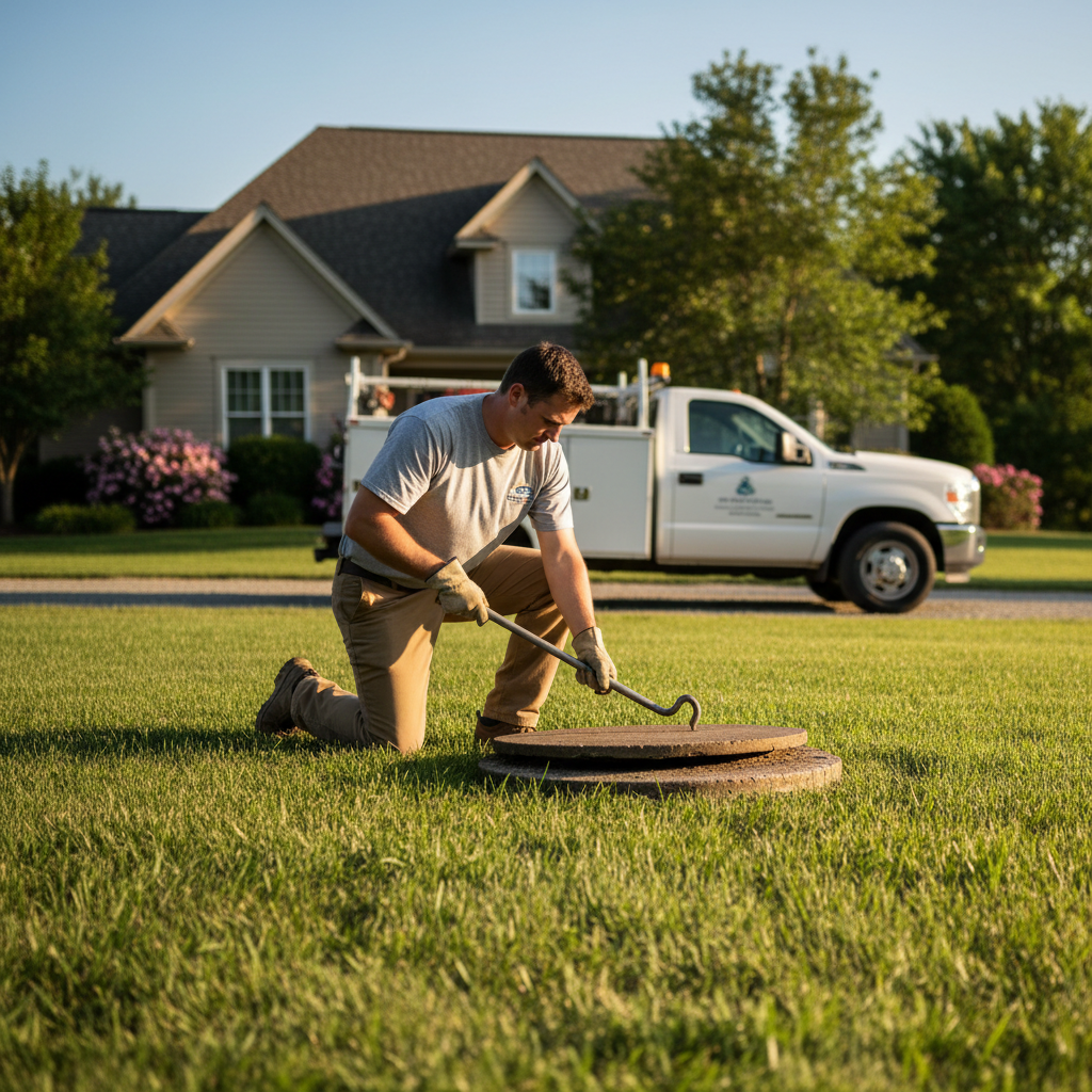 A septic technician lifts the concrete lid of an underground septic tank in a green backyard.