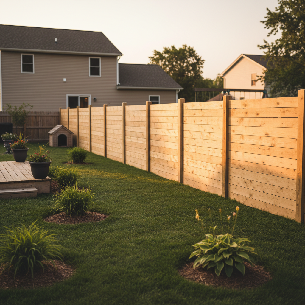 A new wooden privacy fence bordering the lush green lawn of a suburban backyard at sunset.
