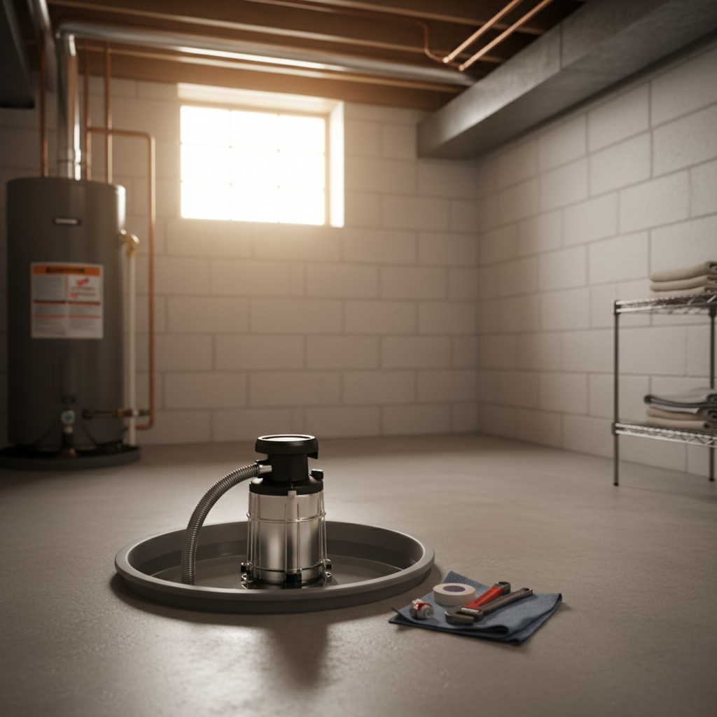 A sump pump installed in the pit of a clean basement floor, ready to prevent flooding.