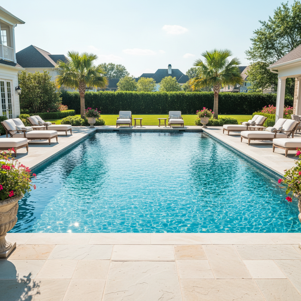 A clean, sparkling residential swimming pool on a sunny day, with patio furniture nearby.