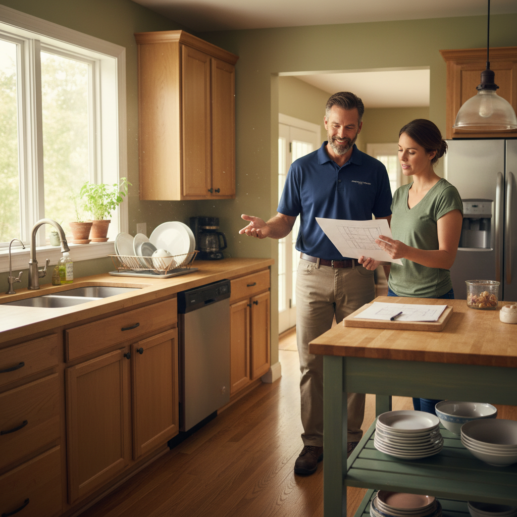 A homeowner discusses a project estimate on a clipboard with a contractor in their kitchen.