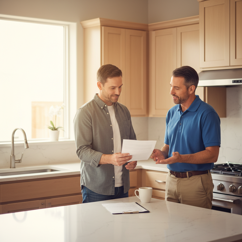 A homeowner and a plumber discussing a project estimate in a well-lit kitchen, representing a calm hiring process.