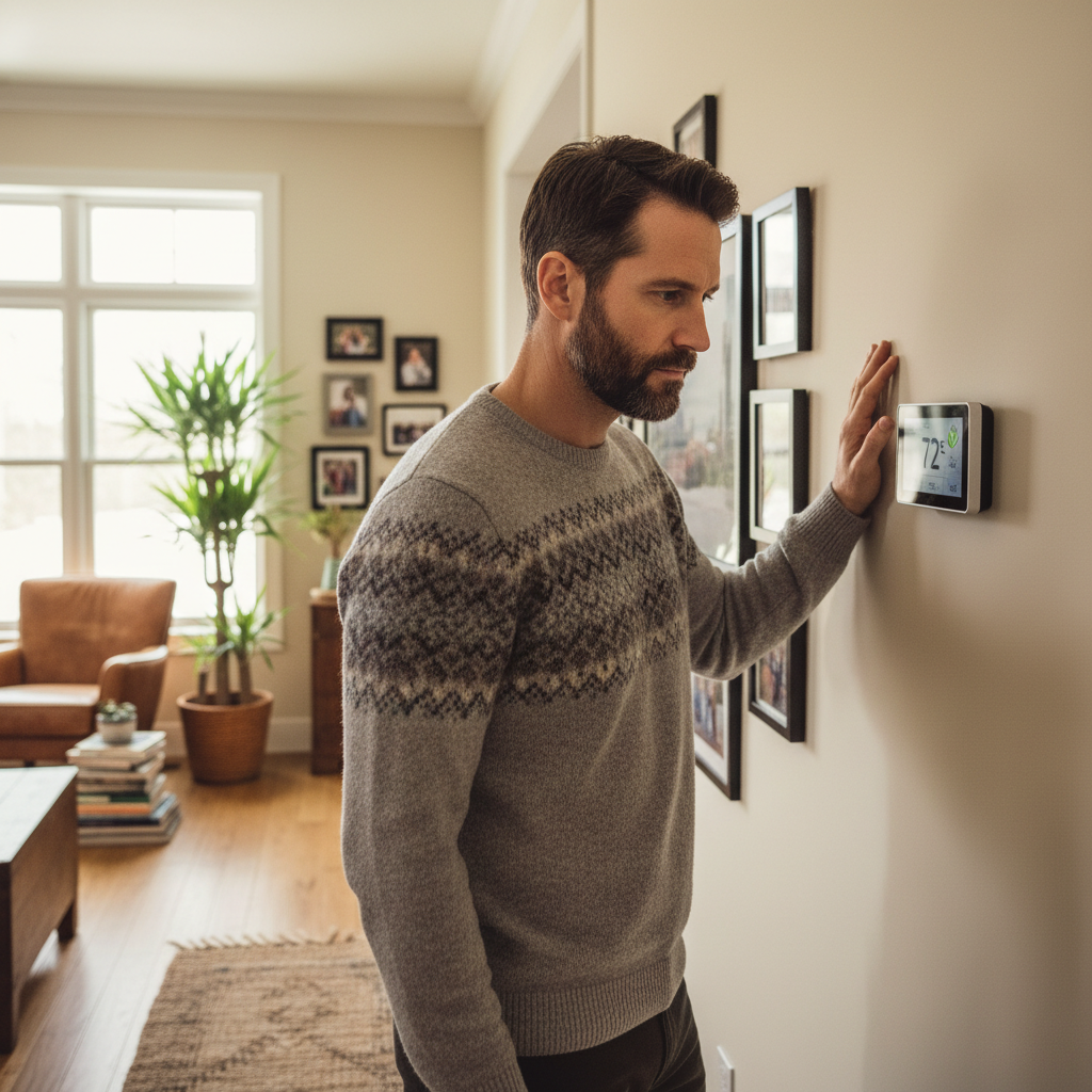 A person standing in their home's hallway, looking at the wall-mounted thermostat, considering their HVAC system's performance.