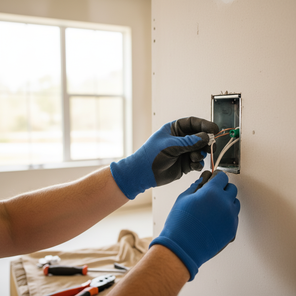 Close-up of an electrician's hands wiring an electrical outlet in a home under construction.