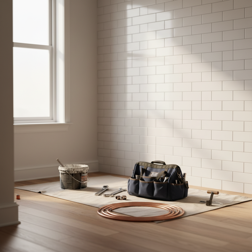A bathroom during a professional remodel, showing new white tile on the wall and tools on the floor.