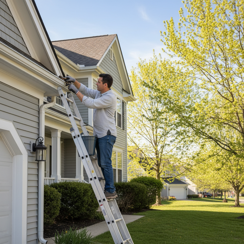 A person on a ladder cleaning out the gutters of a house on a sunny spring day.