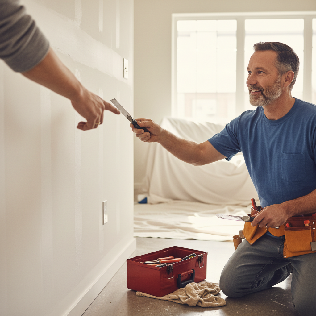 A homeowner discusses a small drywall repair with a handyman in a brightly lit living room.