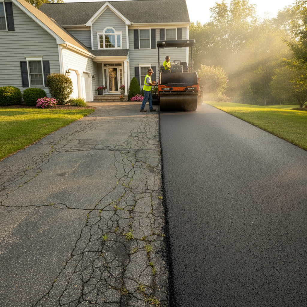 A driveway half-repaired, showing the contrast between old cracked asphalt and new smooth pavement, with a contractor working in the backgro