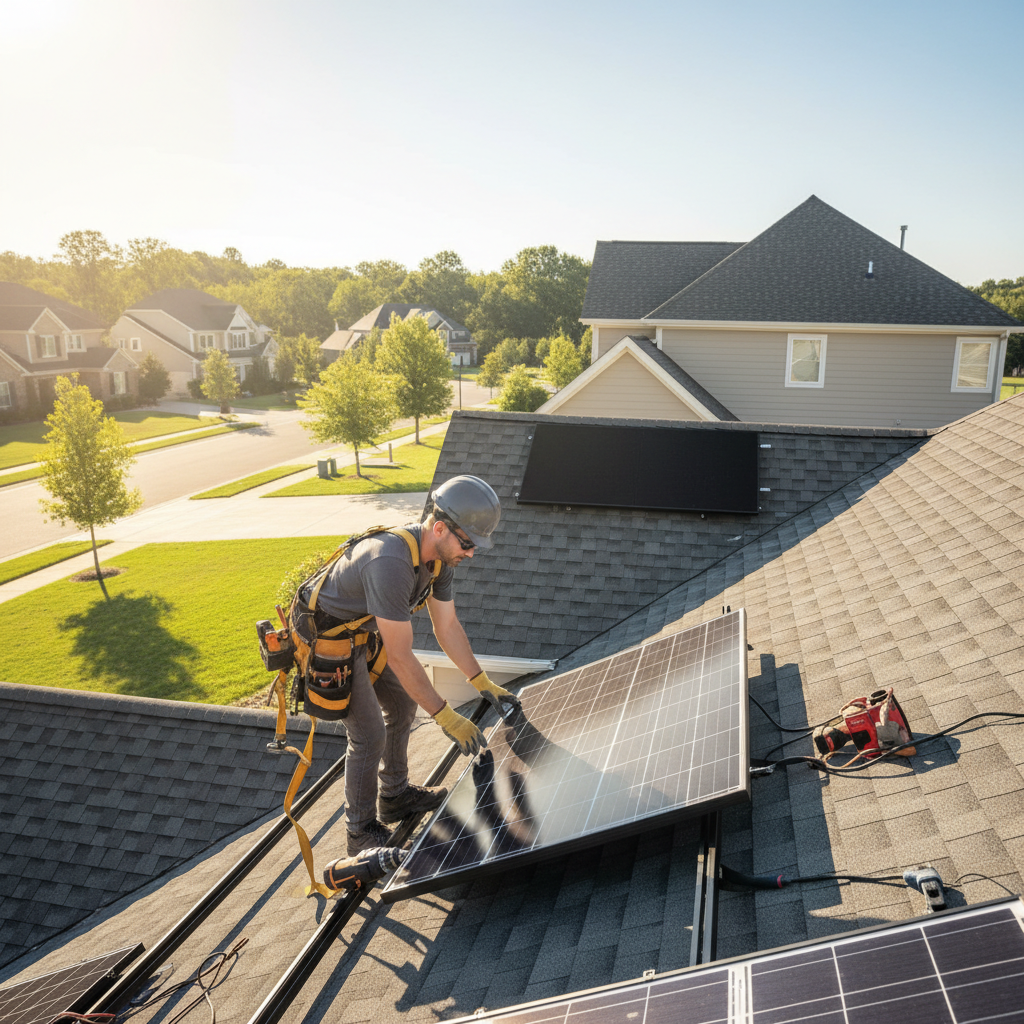 A solar panel installer secures a panel onto the roof of a house on a sunny day.