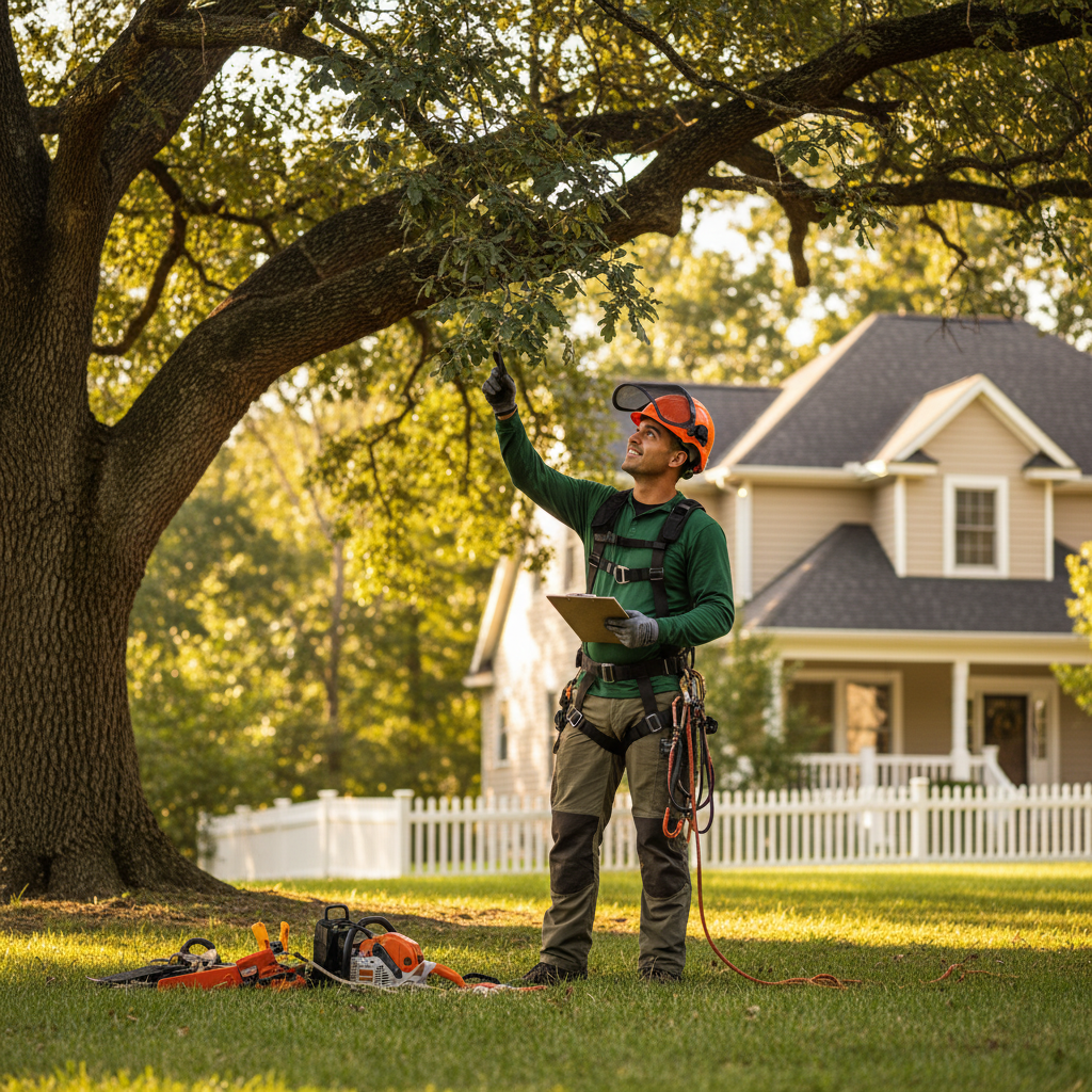 An arborist assesses a large tree in a homeowner's yard before a removal job.