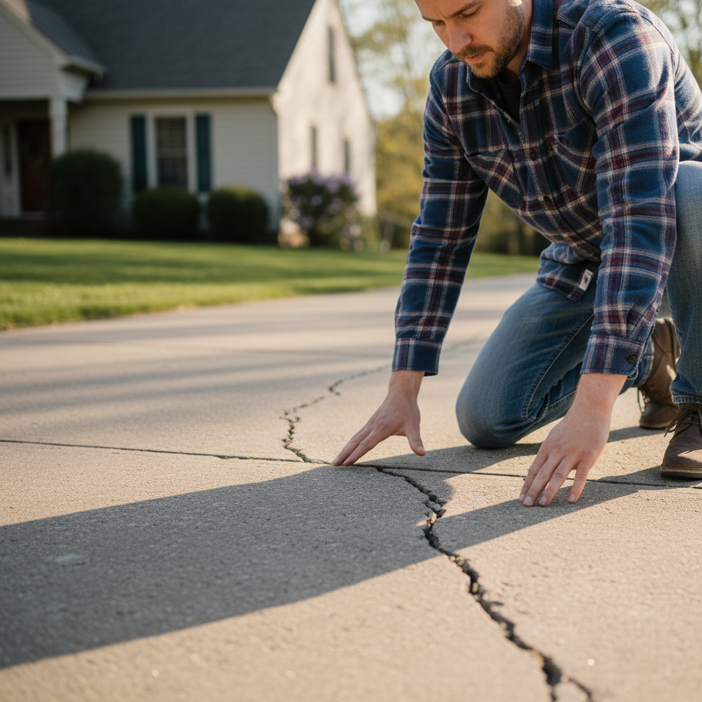 A homeowner inspects a long crack in their concrete driveway, considering repair options.
