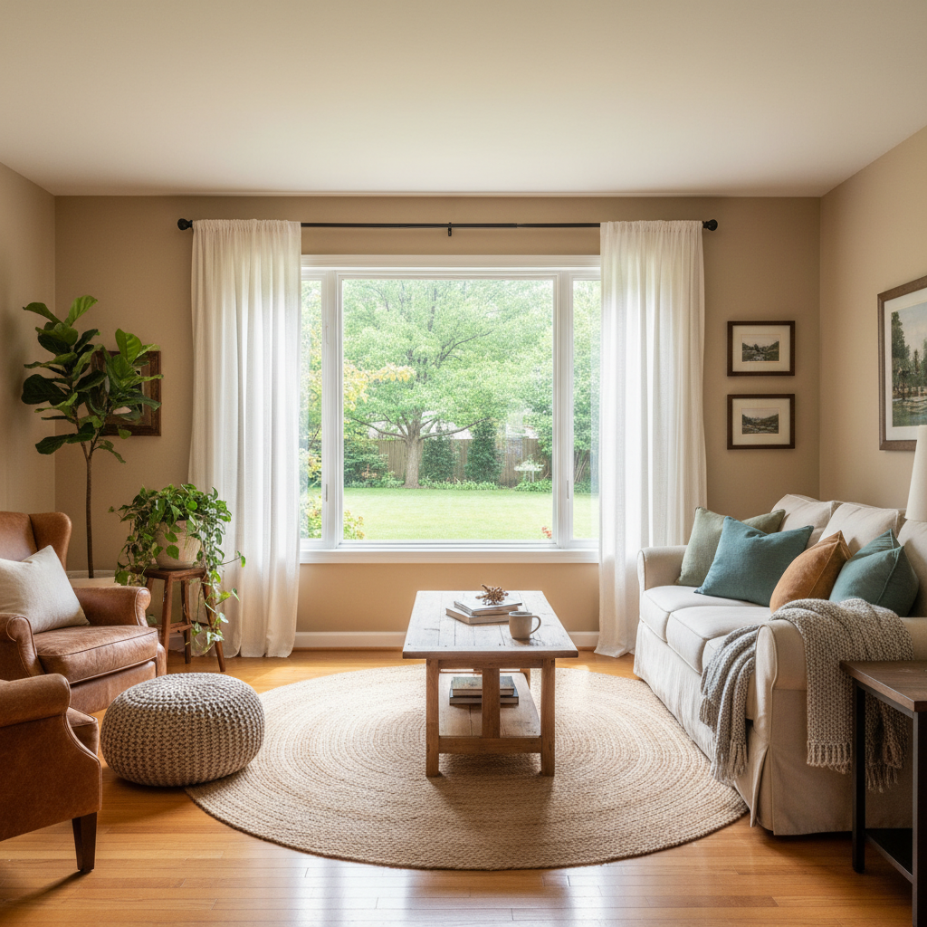 A large, clean window in a sunlit living room, showcasing a view of a lush green yard.