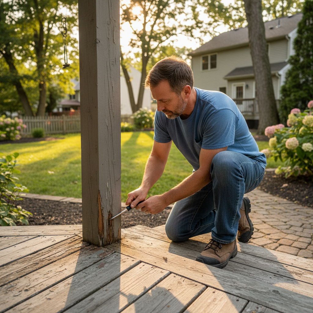 A person inspecting an old wooden deck for rot with a screwdriver to decide between repair and replacement.